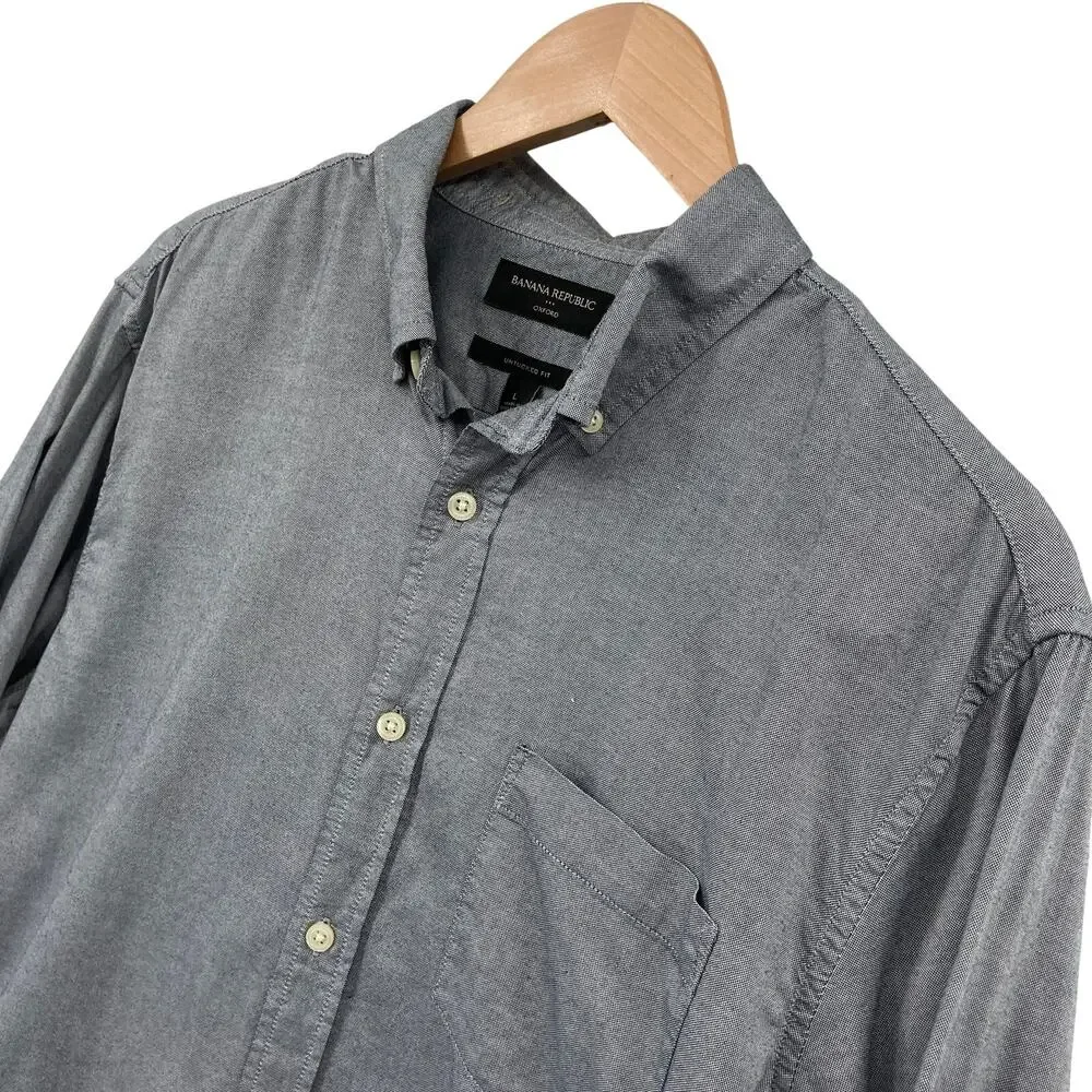 Banana Republic Gray Oxford Button Down Shirt Large Untucked Fit Mens Casual